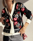 Floral Knit Button-Front V-Neck Cardigan