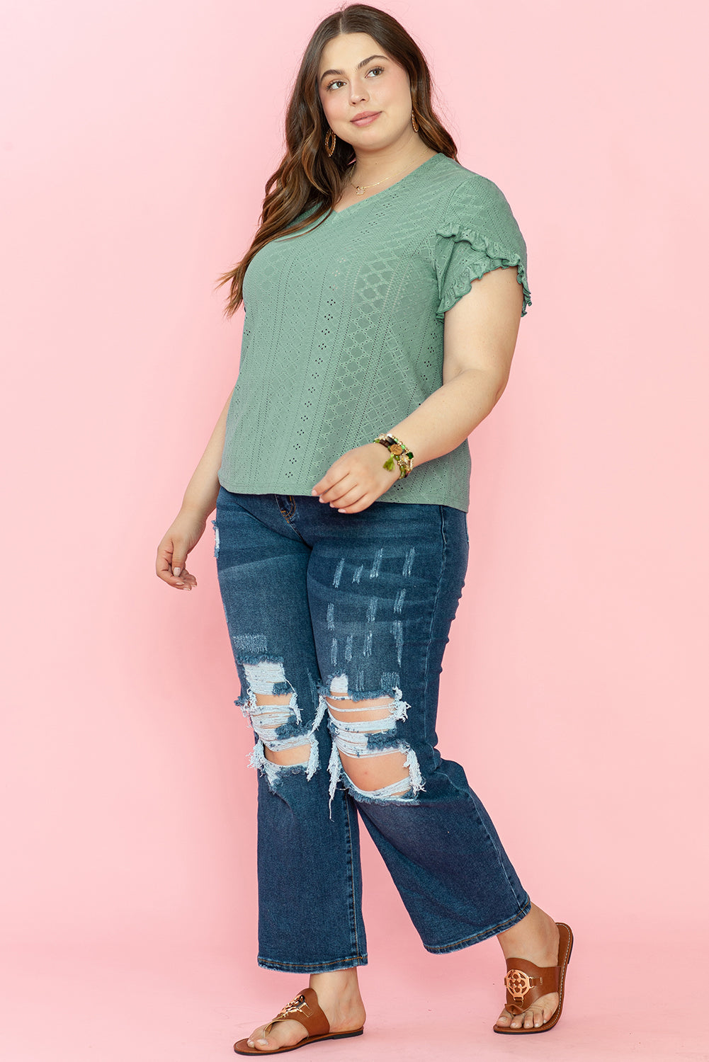Lakelynn Petal Sleeve Jacquard V Neck Plus Size Blouse