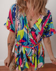 Tropical Wrap V-Neck Belted Romper
