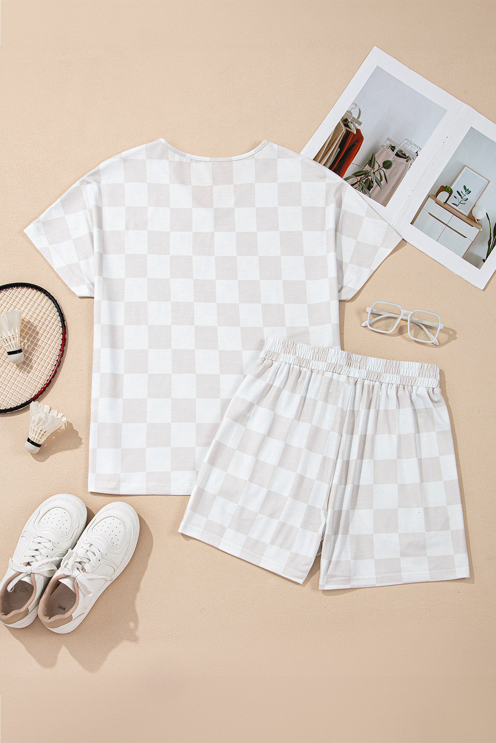 Scottie Checkered Tee Drawstring Shorts Lounge Set