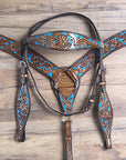 HILASON Western Horse Leather Headstall & Breast Collar Set Floral Brown Turquoise Inlay