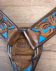 HILASON Western Horse Leather Headstall & Breast Collar Set Floral Brown Turquoise Inlay
