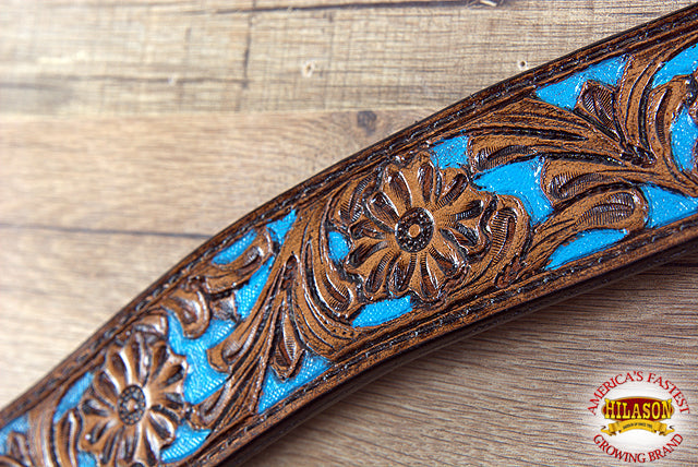 HILASON Western Horse Leather Headstall &amp; Breast Collar Set Floral Brown Turquoise Inlay