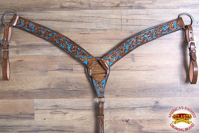 HILASON Western Horse Leather Headstall &amp; Breast Collar Set Floral Brown Turquoise Inlay
