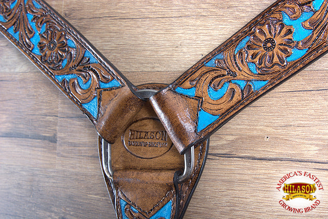 HILASON Western Horse Leather Headstall &amp; Breast Collar Set Floral Brown Turquoise Inlay