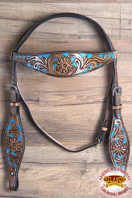 HILASON Western Horse Leather Headstall &amp; Breast Collar Set Floral Brown Turquoise Inlay