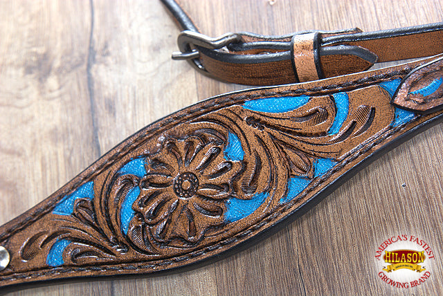 HILASON Western Horse Leather Headstall &amp; Breast Collar Set Floral Brown Turquoise Inlay