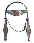 HILASON Western Horse Leather Headstall & Breast Collar Set Floral Brown Turquoise Inlay