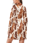 Light Brown Cow Print Women's Long Sleeve Belted Satin Feel Dressing Lounge Robe