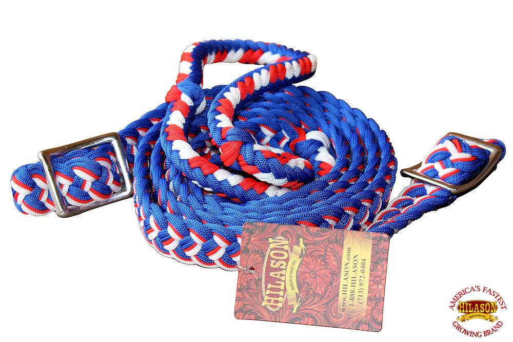 1&quot; X 8Ft Hilason Braided Poly Barrel Horse Racing Reins Flat Grip Knots