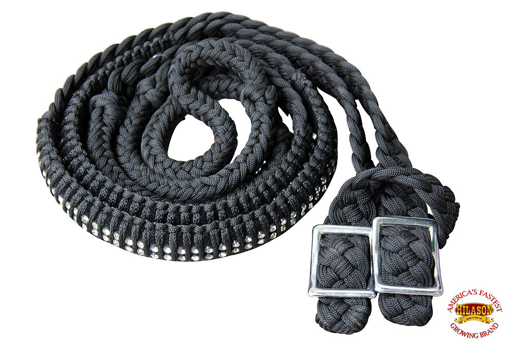 1&quot; X 8Ft Hilason Braided Poly Horse Barrel Reins Flat Grip Knots Crystal