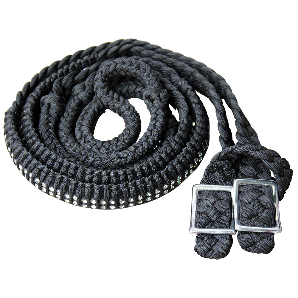 1&quot; X 8Ft Hilason Braided Poly Horse Barrel Reins Flat Grip Knots Crystal
