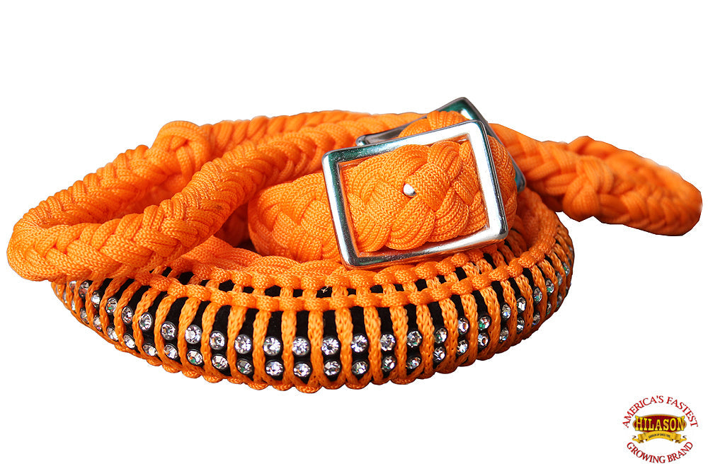 1&quot; X 8Ft Hilason Braided Poly Horse Barrel Reins Flat Grip Knots Crystal
