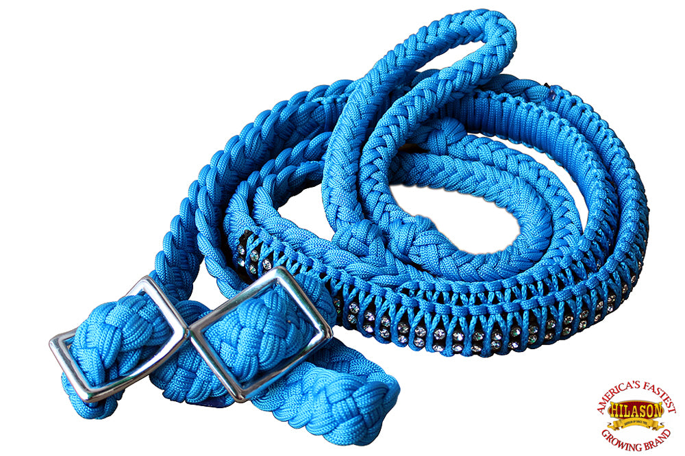 1&quot; X 8Ft Hilason Braided Poly Horse Barrel Reins Flat Grip Knots Crystal