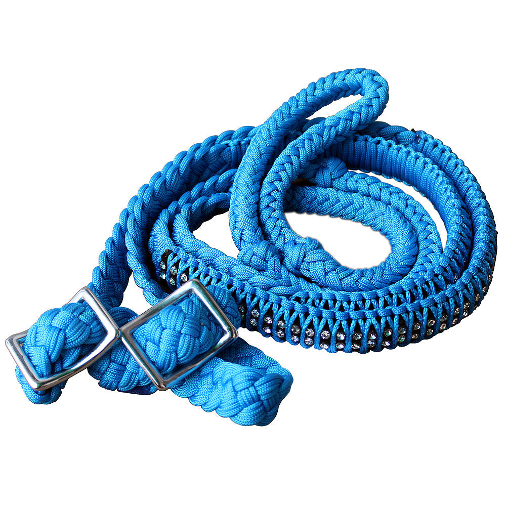 1&quot; X 8Ft Hilason Braided Poly Horse Barrel Reins Flat Grip Knots Crystal