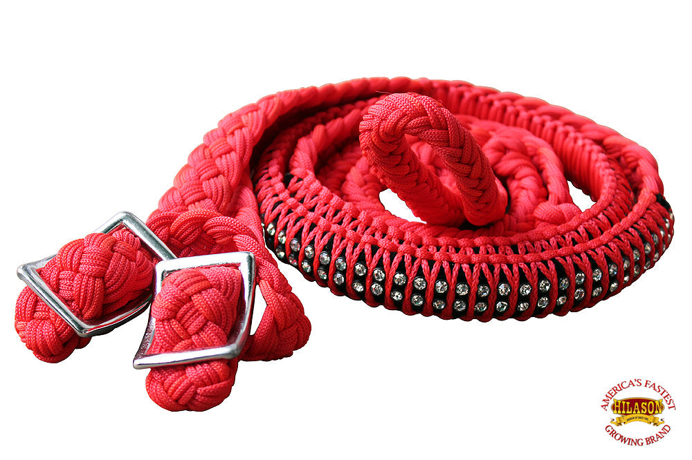 1&quot; X 8Ft Hilason Braided Poly Horse Barrel Reins Flat Grip Knots Crystal