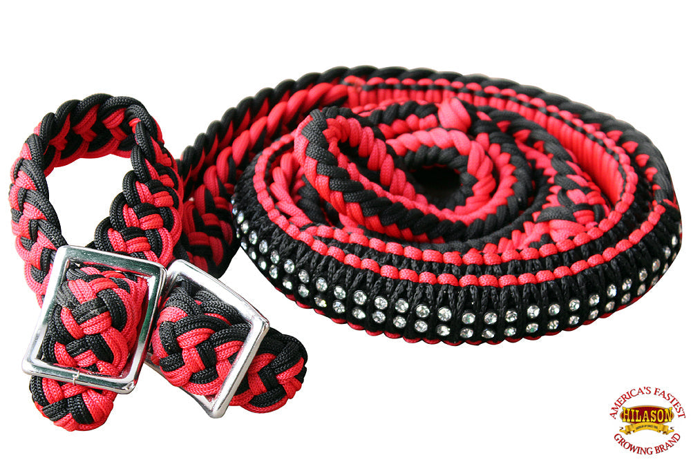 1&quot; X 8Ft Hilason Braided Poly Horse Barrel Reins Flat Grip Knots Crystal