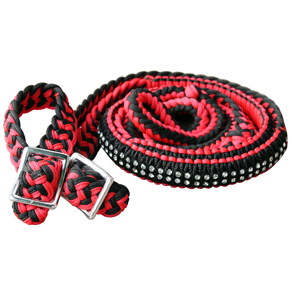 1&quot; X 8Ft Hilason Braided Poly Horse Barrel Reins Flat Grip Knots Crystal