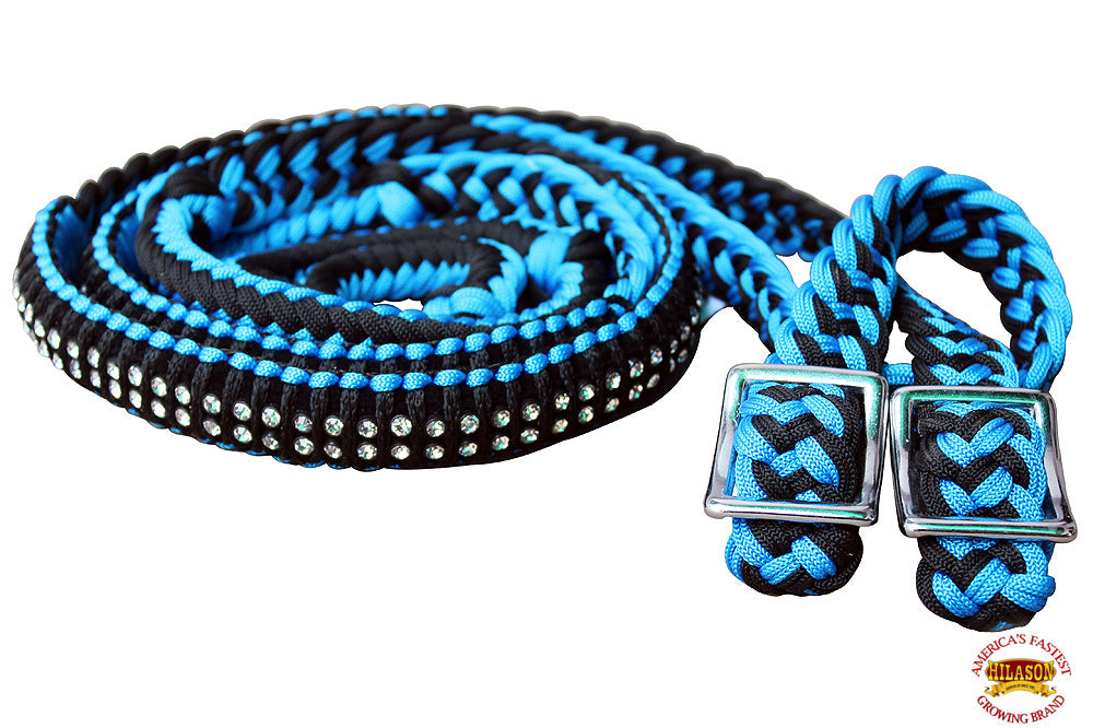 1&quot; X 8Ft Hilason Braided Poly Horse Barrel Reins Flat Grip Knots Crystal