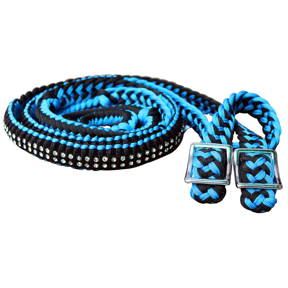 1&quot; X 8Ft Hilason Braided Poly Horse Barrel Reins Flat Grip Knots Crystal