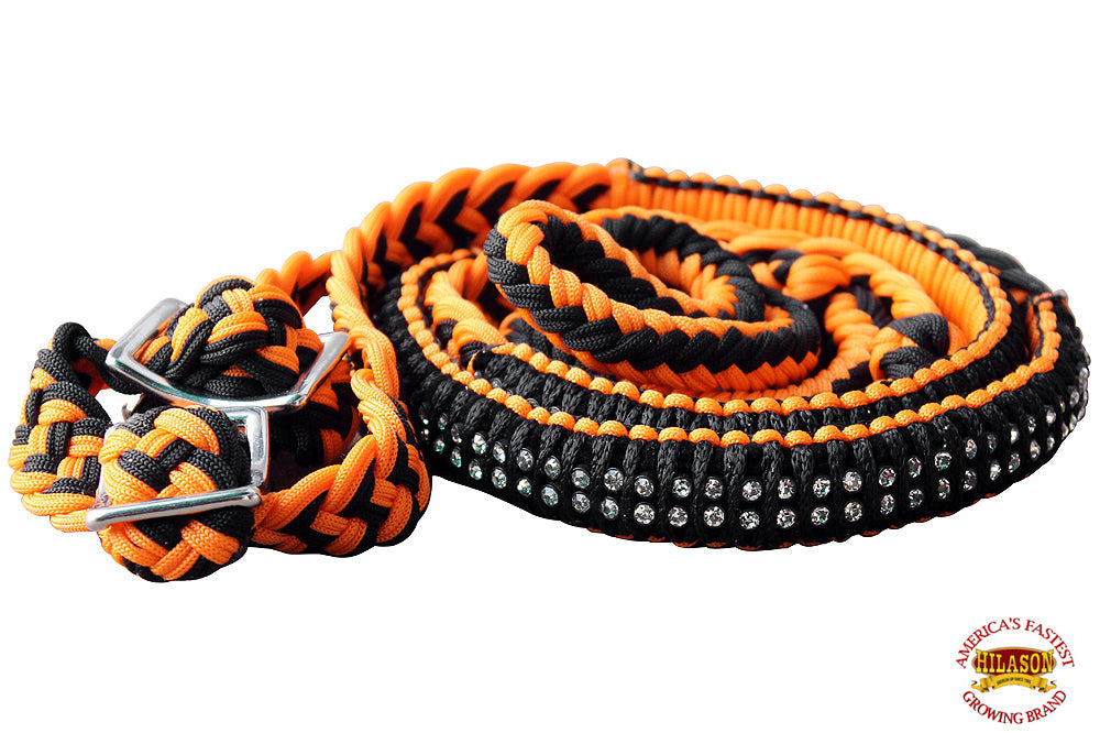 1&quot; X 8Ft Hilason Braided Poly Horse Barrel Reins Flat Grip Knots Crystal