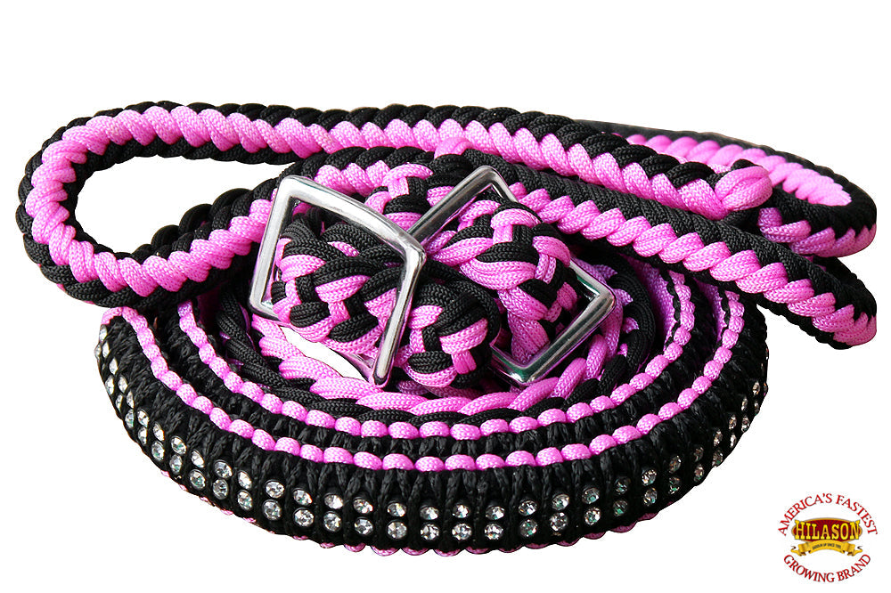 1&quot; X 8Ft Hilason Braided Poly Horse Barrel Reins Flat Grip Knots Crystal