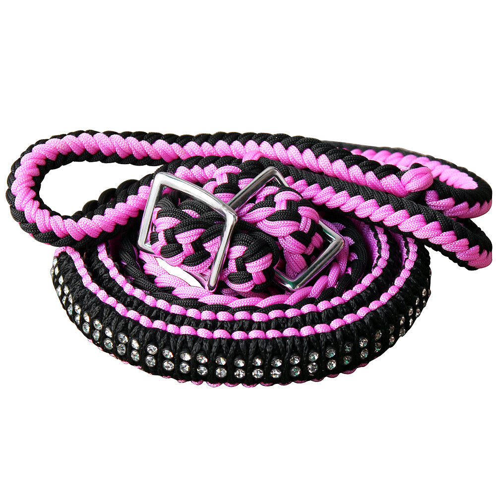 1&quot; X 8Ft Hilason Braided Poly Horse Barrel Reins Flat Grip Knots Crystal