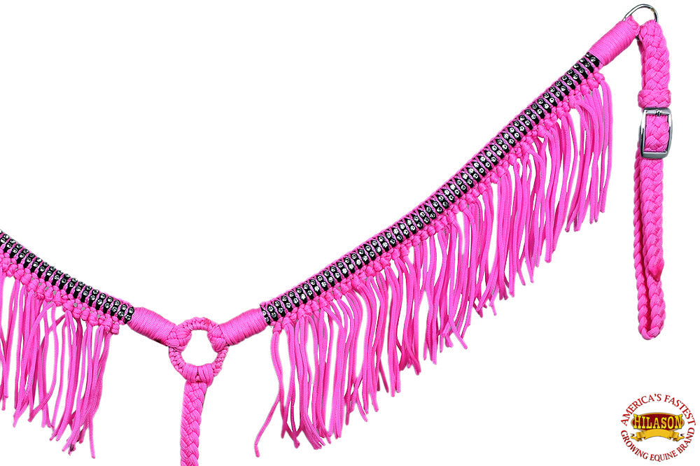 Black Horse Breast Collar Flat Braided Paracord Crystal Fringes Hilason