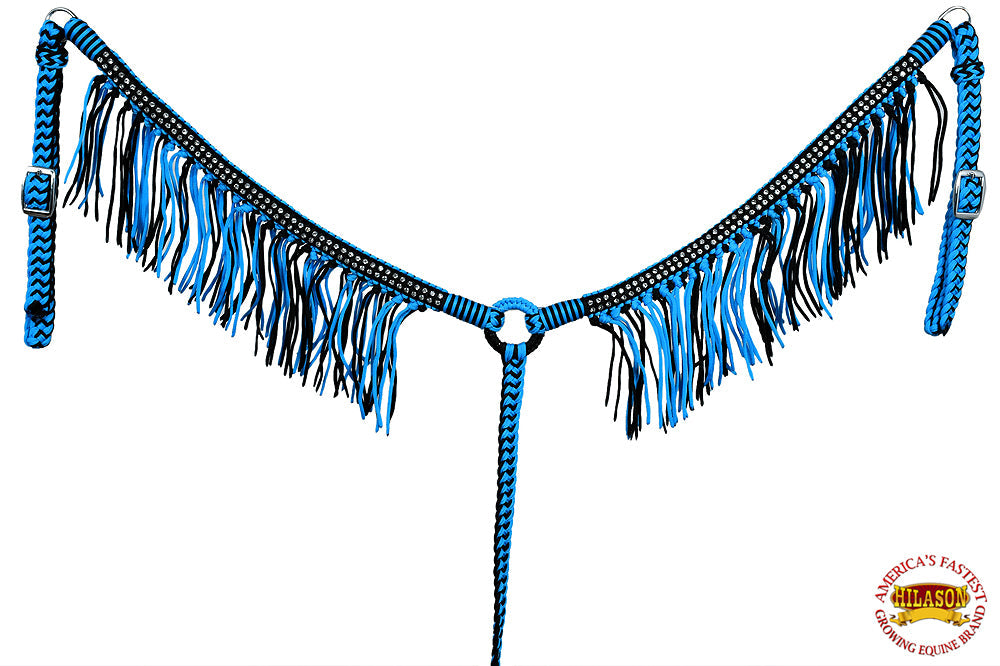 Black Horse Breast Collar Flat Braided Paracord Crystal Fringes Hilason