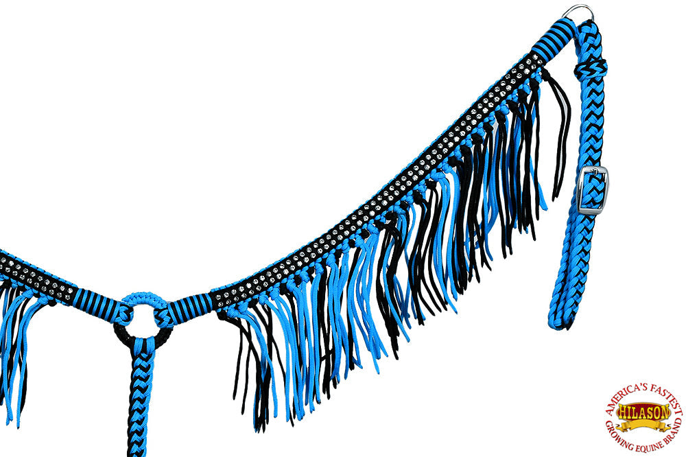 Black Horse Breast Collar Flat Braided Paracord Crystal Fringes Hilason