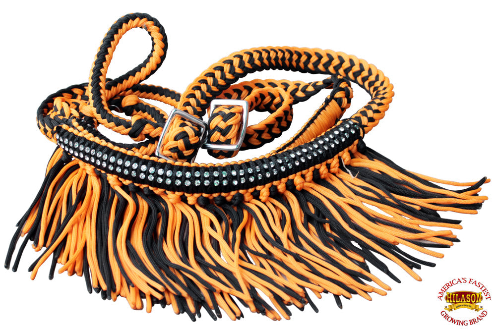1&quot; X 8Ft Hilason Braided Barrel Horse Racing Reins Knots Fringe Crystal