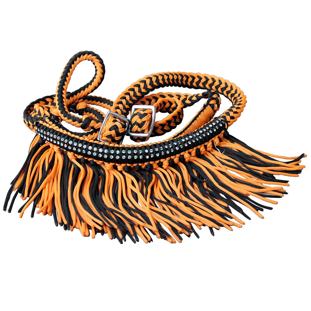 1&quot; X 8Ft Hilason Braided Barrel Horse Racing Reins Knots Fringe Crystal