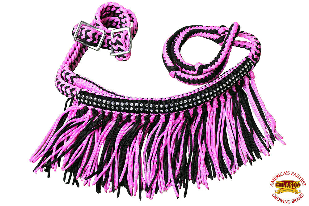 1&quot; X 8Ft Hilason Braided Barrel Horse Racing Reins Knots Fringe Crystal