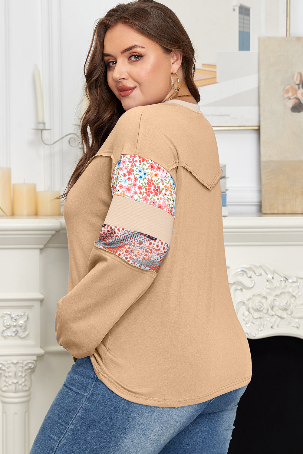 Plus Size Floral Patchwork Reverse Seam Top