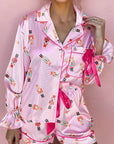 Nutcracker Contrast Trim Bow Tie Pajama Set