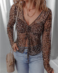 Leopard Sheer Mesh V-Neck Lace-up Top