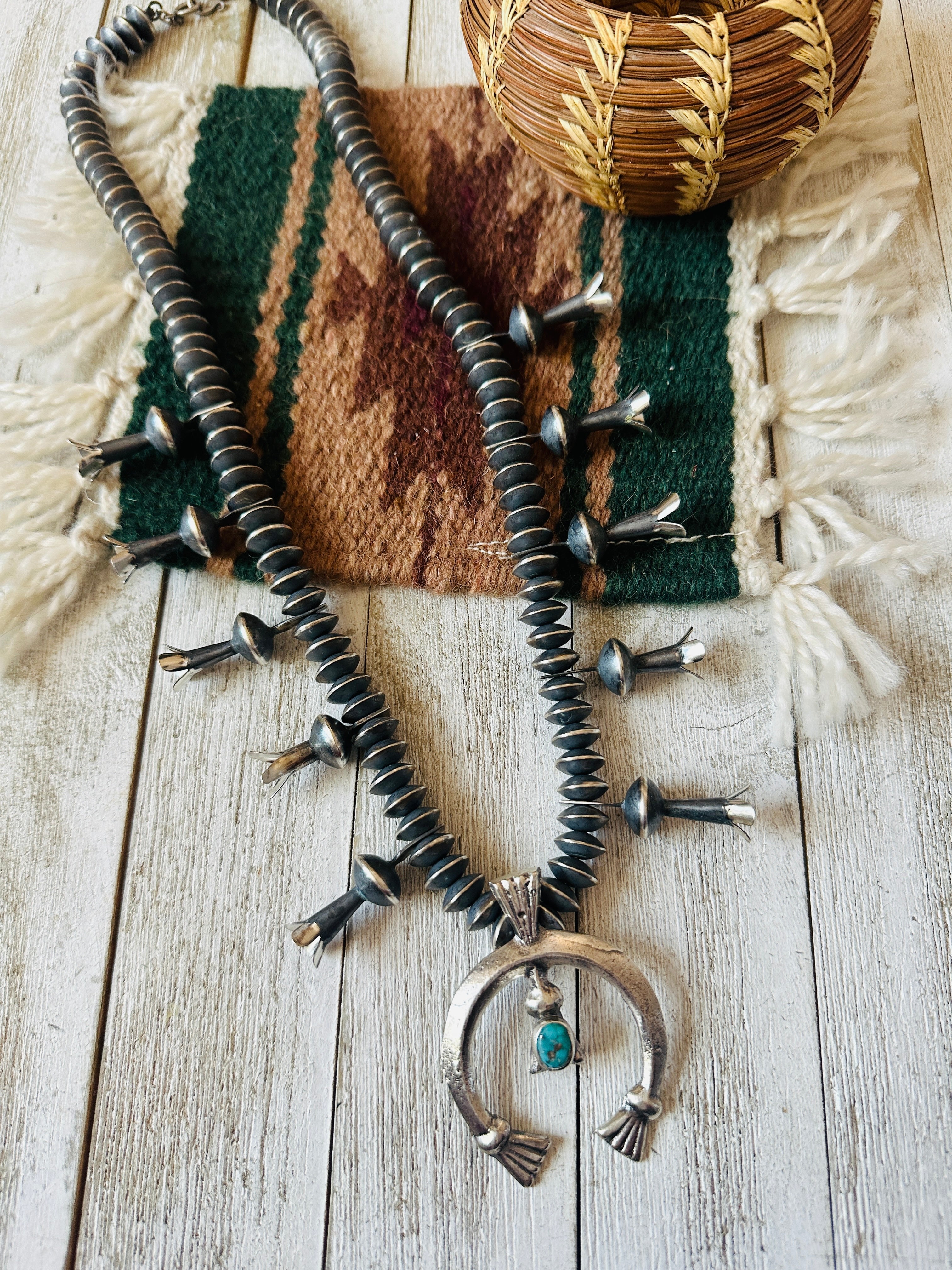 Navajo Turquoise & Sterling Silver Squash Blossom Necklace