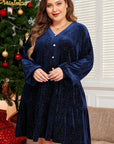 Plus Size Textured Velvet Buttoned Tiered Dress