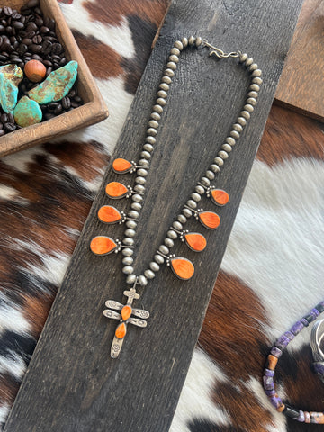 Navajo Sterling Silver And Orange Spiny Oyster Shell Dragonfly Bead Necklace by Selena Warner