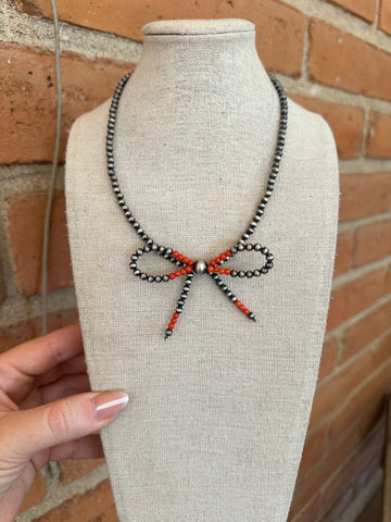 Handmade Sterling Silver Coral & Pearl Bow Tie Necklace | Unique Gift