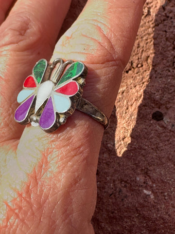 Vintage Zuni Sterling Silver & Multi Stone Inlay Butterfly Ring Size 8