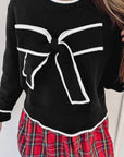 Bow Contrast Trim Long Sleeve Cropped Christmas Sweater