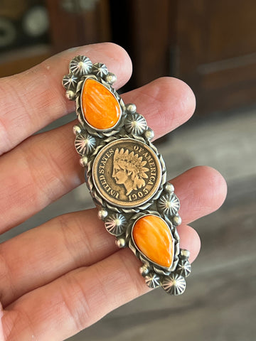 Apache Sterling Silver, Spiny Oyster and Indian Head Penny Rings by Rosella Paxson