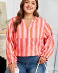 Plus Size Stripe Crinkled Half-Button V-Neck Blouse