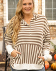 Plus Size Stripe Quarter Buttoned Drop Sleeve Hoodie