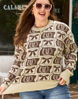 Plus Size Western Bows & Horseshoes Long Sleeve Sweater