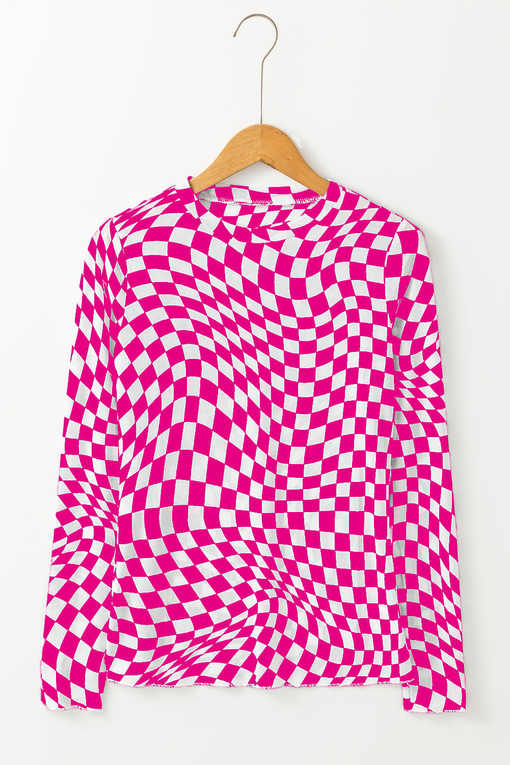 Checkered Pattern Mesh Long Sleeve Top