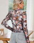 Floral Print Mesh Mock Neck Top