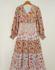 Floral V-Neck Ruffle Long Sleeve Midi Dress