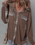 Plaid Patchwork Button-Up Drawstring Hooded Shacket